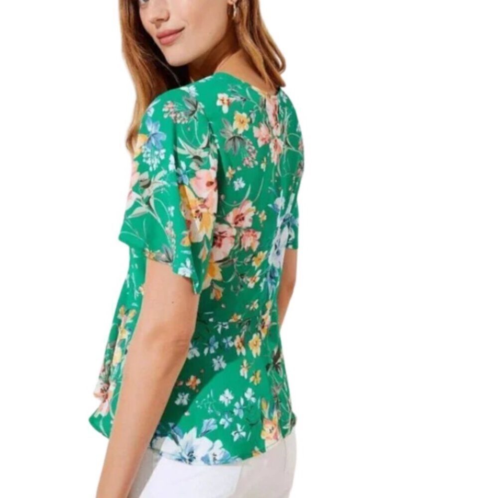 Loft Floral Peplum Top Round Neck Short Sleeves Green Women's Size 6 - Picture 3 of 13